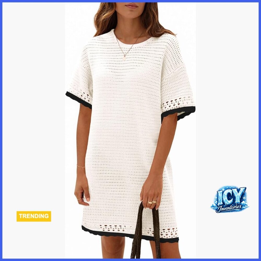 Crochet Knit Cotton Mini Dress Short Sleeve Loose Fit Beach Coverup